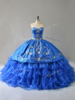 Best Selling Royal Blue Satin Lace Up Quinceanera Gowns Sleeveless Floor Length Embroidery and Ruffles