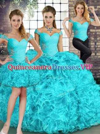 Vintage Aqua Blue Three Pieces Organza Off The Shoulder Sleeveless Beading and Ruffles Floor Length Lace Up Quinceanera Gown