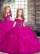 Tulle Straps Sleeveless Lace Up Beading and Ruffles Little Girl Pageant Gowns in Fuchsia