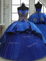 Sweetheart Sleeveless Satin and Tulle Quince Ball Gowns Beading and Appliques Sweep Train Lace Up(SKU PSSW740BIZ)