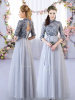 Hot Sale Half Sleeves Tulle Floor Length Lace Up Dama Dress for Quinceanera in Grey with Appliques(SKU BMT0453FBIZ)