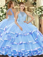 Halter Top Sleeveless Organza Sweet 16 Dress Beading and Ruffled Layers Lace Up