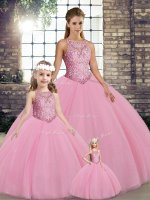 Pink 15 Quinceanera Dress Military Ball and Sweet 16 and Quinceanera with Embroidery Scoop Sleeveless Lace Up