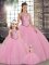 Pink 15 Quinceanera Dress Military Ball and Sweet 16 and Quinceanera with Embroidery Scoop Sleeveless Lace Up