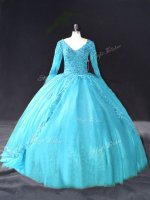 Aqua Blue V-neck Neckline Lace and Appliques Quinceanera Dress Long Sleeves Lace Up(SKU PSSW1139-4BIZ)