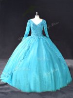 Aqua Blue V-neck Neckline Lace and Appliques Quinceanera Dress Long Sleeves Lace Up