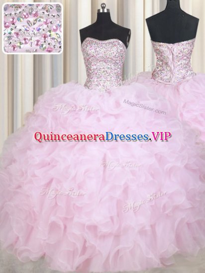 Glamorous Baby Pink Organza Lace Up Vestidos de Quinceanera Sleeveless Floor Length Beading and Ruffles - Click Image to Close