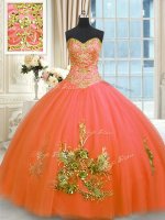 Orange Red Tulle Lace Up Sweetheart Sleeveless Floor Length Sweet 16 Dresses Beading and Appliques and Embroidery