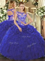 Royal Blue Ball Gowns Beading and Ruffles Ball Gown Prom Dress Lace Up Organza Cap Sleeves Floor Length