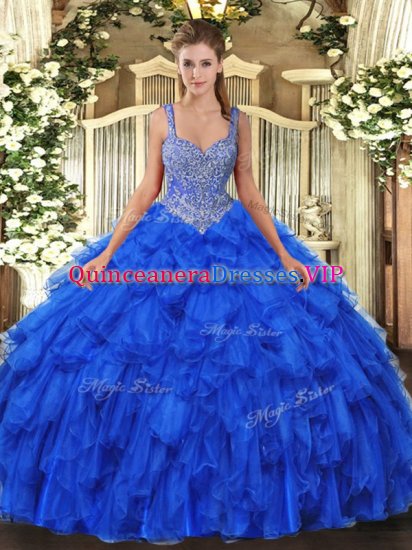 Great Royal Blue Vestidos de Quinceanera Military Ball and Sweet 16 and Quinceanera with Beading and Ruffles Straps Sleeveless Lace Up - Click Image to Close