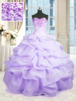 Dazzling Lavender Ball Gowns Beading and Ruffles Sweet 16 Dress Lace Up Organza Sleeveless Floor Length