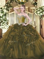 Organza Sweetheart Sleeveless Lace Up Beading and Ruffles 15th Birthday Dress in Olive Green