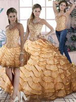 Delicate Three Pieces Sleeveless Gold Sweet 16 Quinceanera Dress Brush Train Lace Up