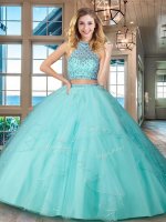 Beautiful Aqua Blue Two Pieces Tulle Halter Top Sleeveless Beading and Ruffles Floor Length Backless Quinceanera Dress(SKU SXQD024-2BIZ)