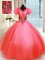 Coral Red Ball Gowns Appliques Ball Gown Prom Dress Lace Up Organza Short Sleeves Floor Length