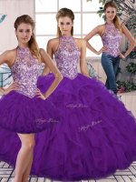 Customized Floor Length Purple Quinceanera Gown Halter Top Sleeveless Lace Up(SKU SJQDDT2100007BIZ)