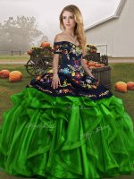 Low Price Green Lace Up Off The Shoulder Embroidery and Ruffles 15 Quinceanera Dress Organza Sleeveless