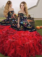 Custom Made Red And Black Ball Gowns Embroidery and Ruffles Quince Ball Gowns Lace Up Organza Sleeveless Floor Length