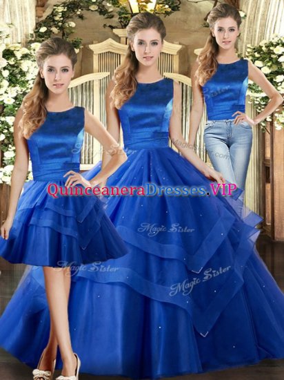 Royal Blue Tulle Lace Up Scoop Sleeveless Floor Length Sweet 16 Quinceanera Dress Ruffled Layers - Click Image to Close