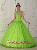 A-line Popular Spring Green Halter-top Quinceanera Gowns With Tulle Beaded Decorate In Mildura VIC