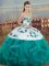 Smart Sweetheart Sleeveless Quinceanera Gowns Floor Length Embroidery and Ruffles and Bowknot Turquoise Tulle