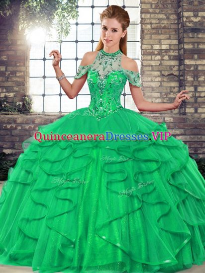Ball Gowns Quinceanera Dresses Green Halter Top Tulle Sleeveless Floor Length Lace Up - Click Image to Close