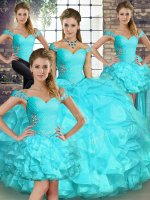 Top Selling Aqua Blue 15 Quinceanera Dress Military Ball and Sweet 16 and Quinceanera with Beading and Ruffles Off The Shoulder Sleeveless Lace Up