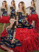 Discount Red And Black Off The Shoulder Lace Up Embroidery and Ruffles 15 Quinceanera Dress Sleeveless(SKU SJQDDT2155010BIZ)