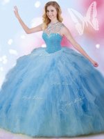 Pretty Blue Sleeveless Beading and Ruffles and Sequins Floor Length Military Ball Gown(SKU SJQDDT848002-2BIZ)