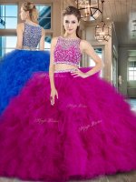 Dramatic Bateau Sleeveless Brush Train Side Zipper Sweet 16 Dress Fuchsia Tulle(SKU SXQD073BIZ)