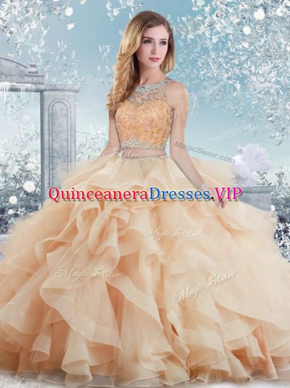 Scoop Sleeveless Clasp Handle Sweet 16 Dress Peach Organza - Click Image to Close