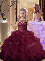 Lace Up Girls Pageant Dresses Burgundy for Party and Wedding Party with Beading and Ruffles Brush Train