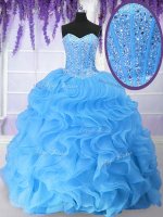 Dazzling Baby Blue Sweetheart Neckline Beading and Ruffles Quinceanera Gowns Sleeveless Lace Up