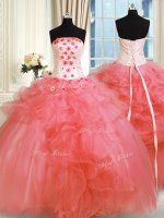Beautiful Sleeveless Tulle Floor Length Lace Up Quinceanera Gowns in Watermelon Red with Pick Ups and Hand Made Flower(SKU PSSW0354-11BIZ)