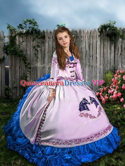 White Ball Gowns Straps Sleeveless Satin and Organza Sweep Train Lace Up Embroidery and Ruffles Little Girl Pageant Gowns - Click Image to Close