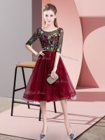 Custom Design Burgundy Lace Up Scoop Embroidery Dama Dress Tulle Half Sleeves