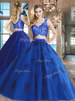 Royal Blue Two Pieces V-neck Sleeveless Tulle Floor Length Zipper Lace and Appliques Sweet 16 Dresses(SKU SXQD029BIZ)