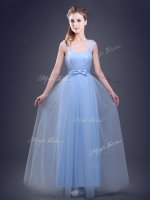 Admirable Straps Tulle Sleeveless Floor Length Damas Dress and Ruching and Bowknot