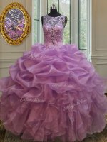 Romantic Scoop See Through Sleeveless Organza Floor Length Lace Up Quinceanera Gown in Lilac with Beading and Ruffles