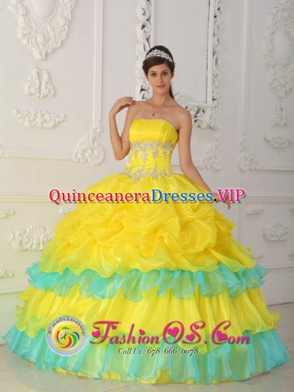 Luxurious Yellow Strapless Ruched Bodice Quinceanera Dress With Beaded and Ruffled Decorate In Tilton New hampshire/NH - Click Image to Close