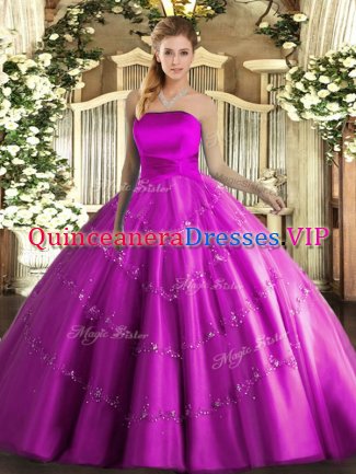 Fuchsia Military Ball Gowns Military Ball and Sweet 16 and Quinceanera with Appliques Strapless Sleeveless Lace Up