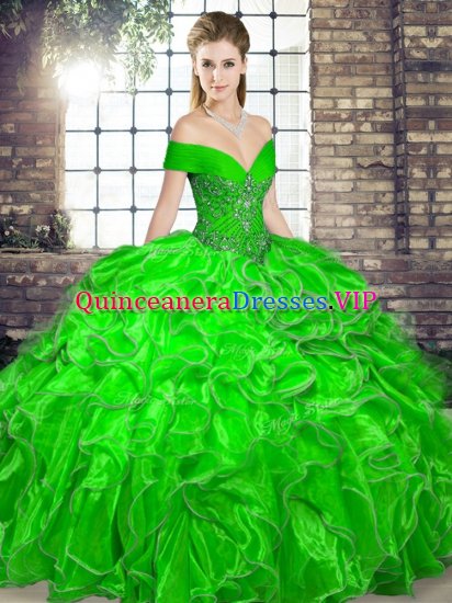 Cute Off The Shoulder Sleeveless Vestidos de Quinceanera Floor Length Beading and Ruffles Green Organza - Click Image to Close