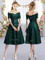 Luxury Dark Green A-line Belt Dama Dress Lace Short Sleeves Tea Length