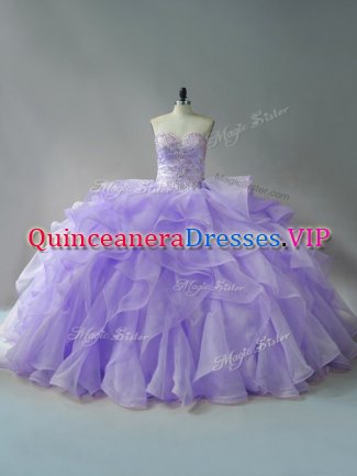 Sweetheart Sleeveless Organza Ball Gown Prom Dress Beading and Ruffles Brush Train Lace Up