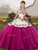 Deluxe Fuchsia Organza Lace Up 15th Birthday Dress Sleeveless Floor Length Embroidery