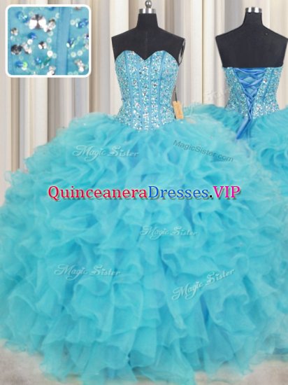 Customized Visible Boning Sleeveless Organza Floor Length Lace Up Quinceanera Dress in Baby Blue with Beading and Ruffles - Click Image to Close