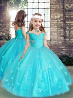 Ball Gowns Little Girls Pageant Dress Aqua Blue Straps Tulle Sleeveless Floor Length Lace Up(SKU PAG1276BIZ)
