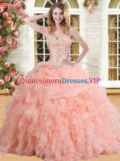 Custom Design Sleeveless Floor Length Beading and Appliques and Ruffles and Pick Ups Lace Up Quinceanera Dresses with Peach - Click Image to Close