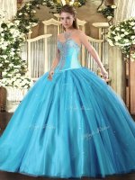 Amazing Floor Length Lace Up Quinceanera Gown Aqua Blue for Military Ball and Sweet 16 and Quinceanera with Beading