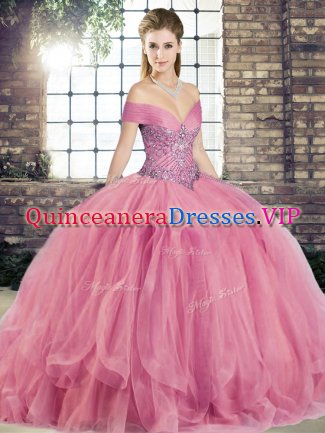Gorgeous Ball Gowns Quinceanera Gown Watermelon Red Off The Shoulder Tulle Sleeveless Floor Length Lace Up